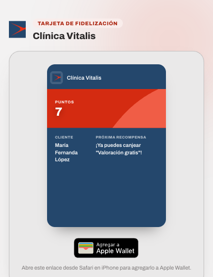 Tarjeta de fidelización real en Apple Wallet, mostrando puntos acumulados y el próximo nivel de recompensa disponible para canjear