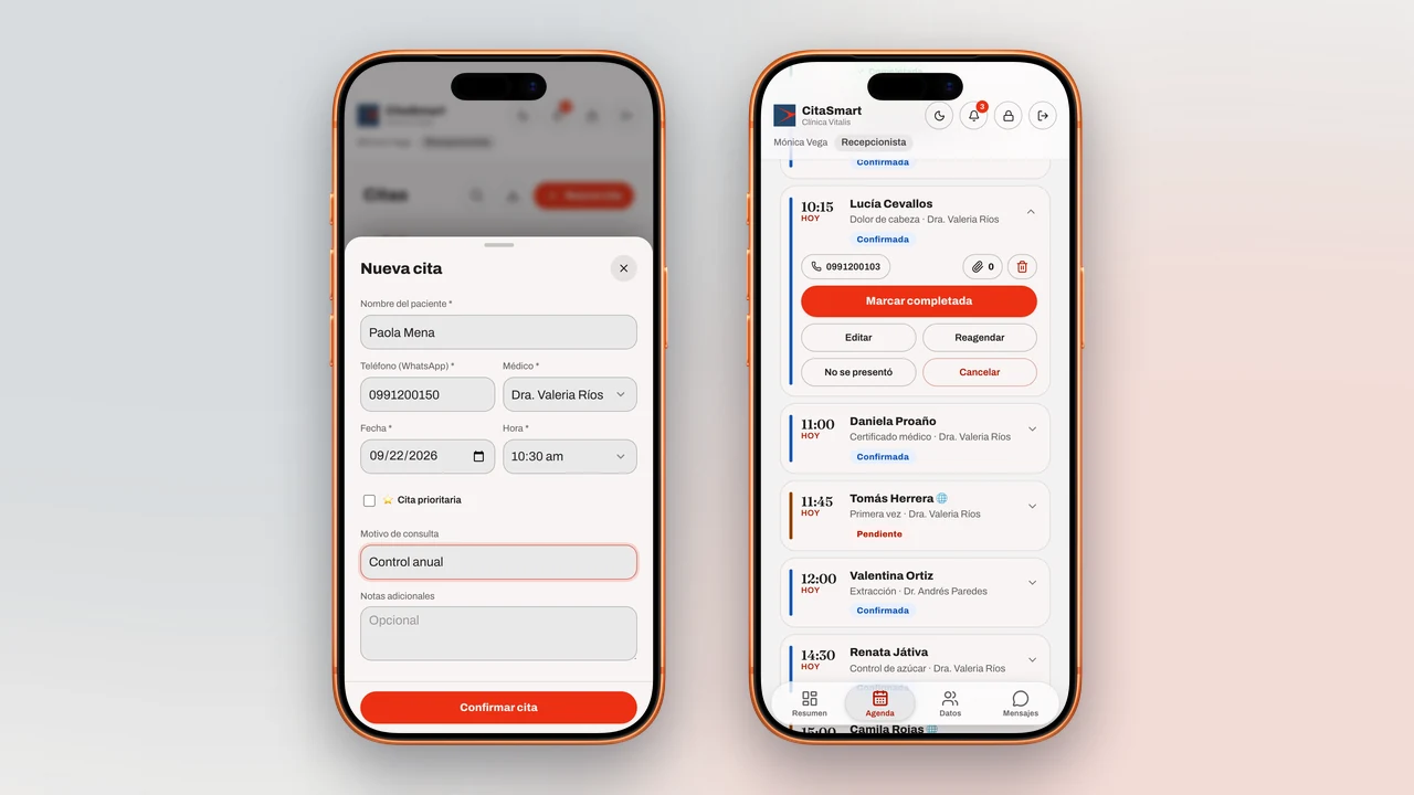 Hoja de Nueva cita y detalle de una cita en la app de CitaSmart en el celular
