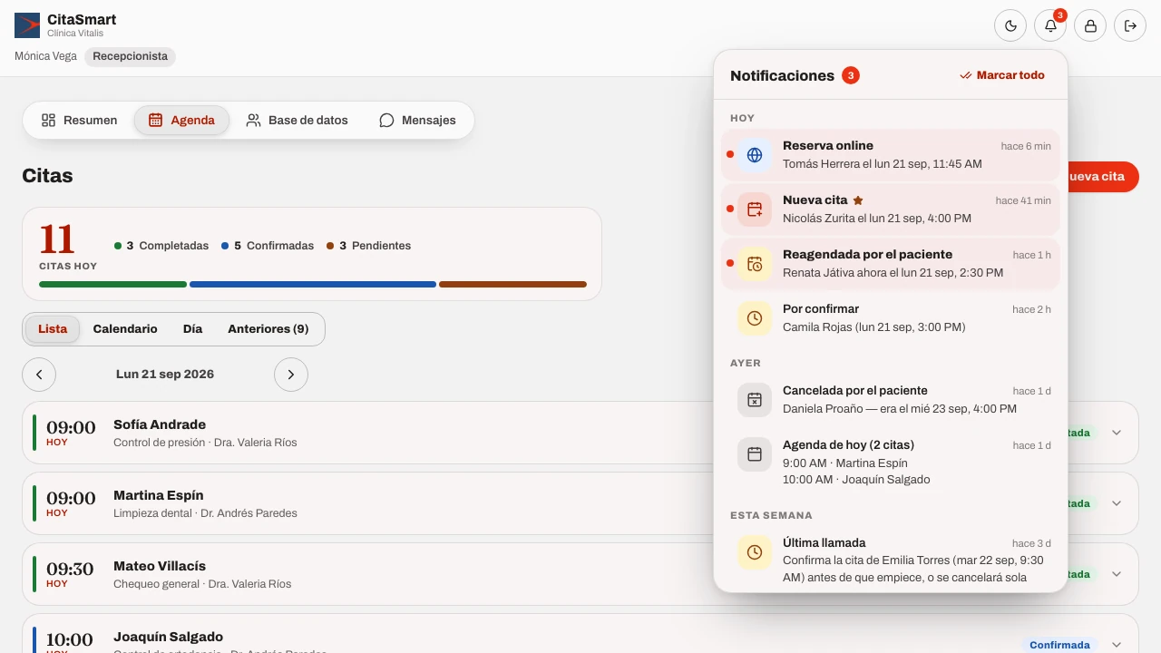Centro de notificaciones de CitaSmart agrupado por día, con un ícono para cada tipo