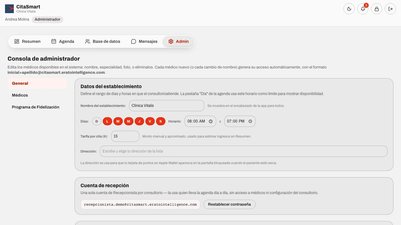 Consola de administrador de CitaSmart con los datos del establecimiento
