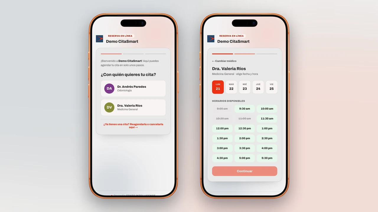 Página pública de reserva de CitaSmart en el celular: elegir profesional y horario