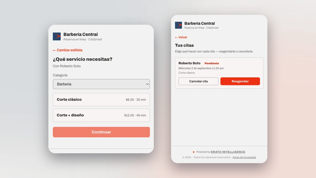 Selección de servicio por categoría y cliente reagendando o cancelando su propia cita en CitaSmart